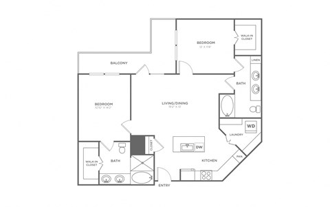 Floor plan for 2 beds, 2.5 baths, 1161 sqft